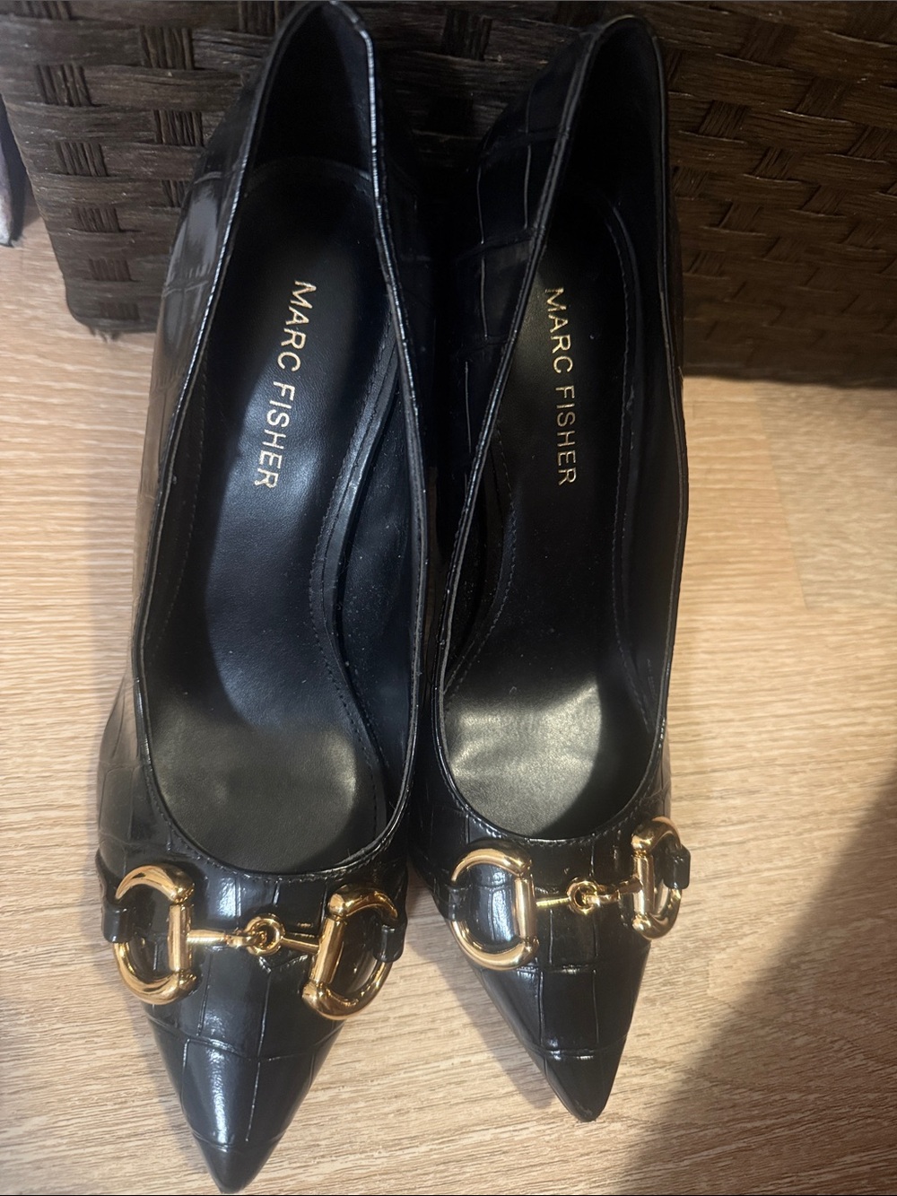 Marc Fisher Black Pointed Toe Heels with Gold Horsebit